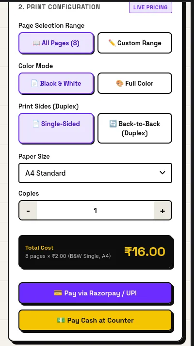 Print options on a phone: page range, black and white or colour,
                      single or double sided, paper size and copies, with a running total
                      above the pay buttons.